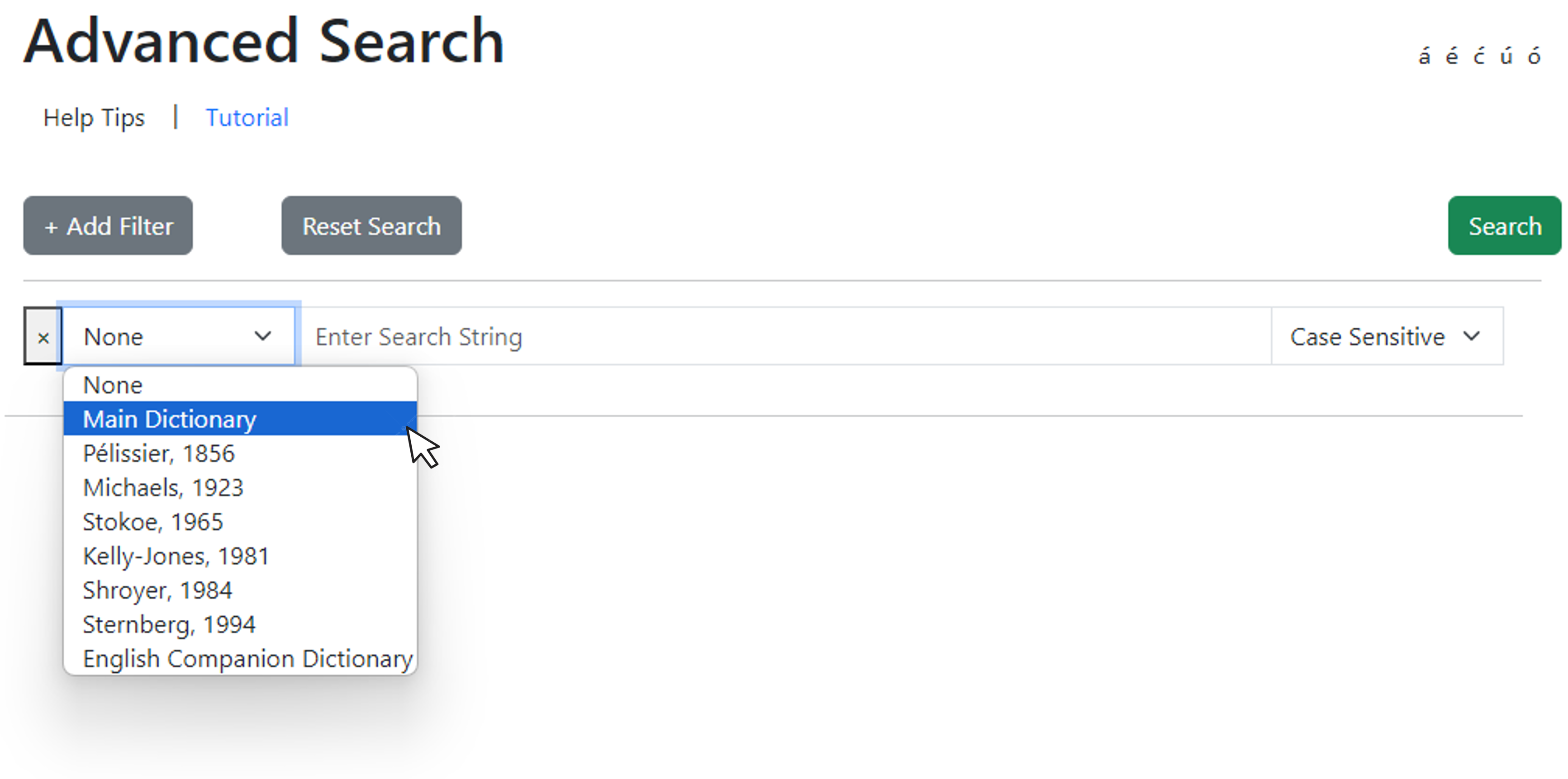 Figure 5. Filter drop-down menu. Figure 5. Filter drop-down menu. Below the Advanced Search heading, one filter row has been added, and the cursor is shown selecting a Library item from the drop-down menu.