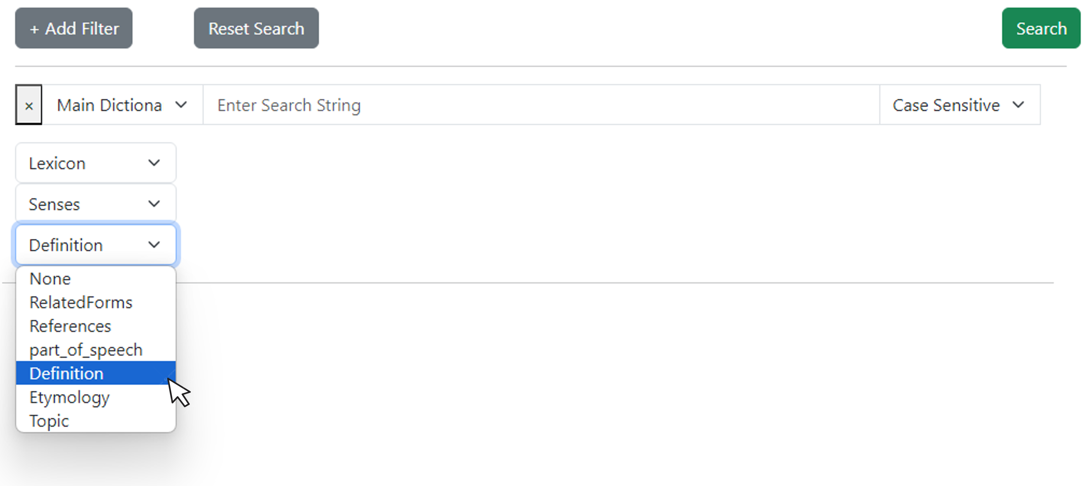 Figure 6. Attribute drop-down menus. Figure 6. Attribute drop-down menus. The same image in Figure 5, but 'Main ASL Dictionary' is selected as the filter, below two attribute drop-down menus have been selected for Lexicon and Senses and the cursor is shown selecting a third attribute from a drop-down menu.