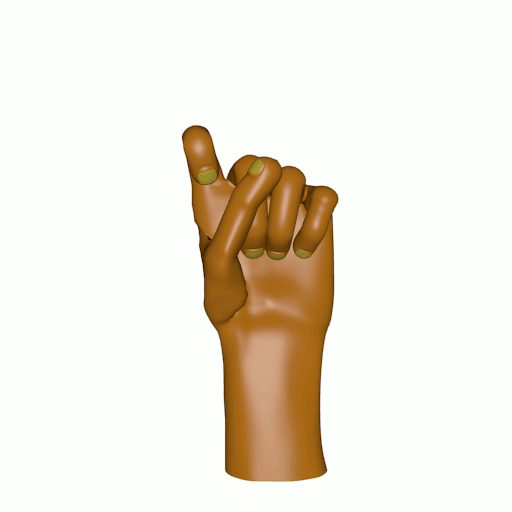 Three dimensional animation of the [lxe] handshape.